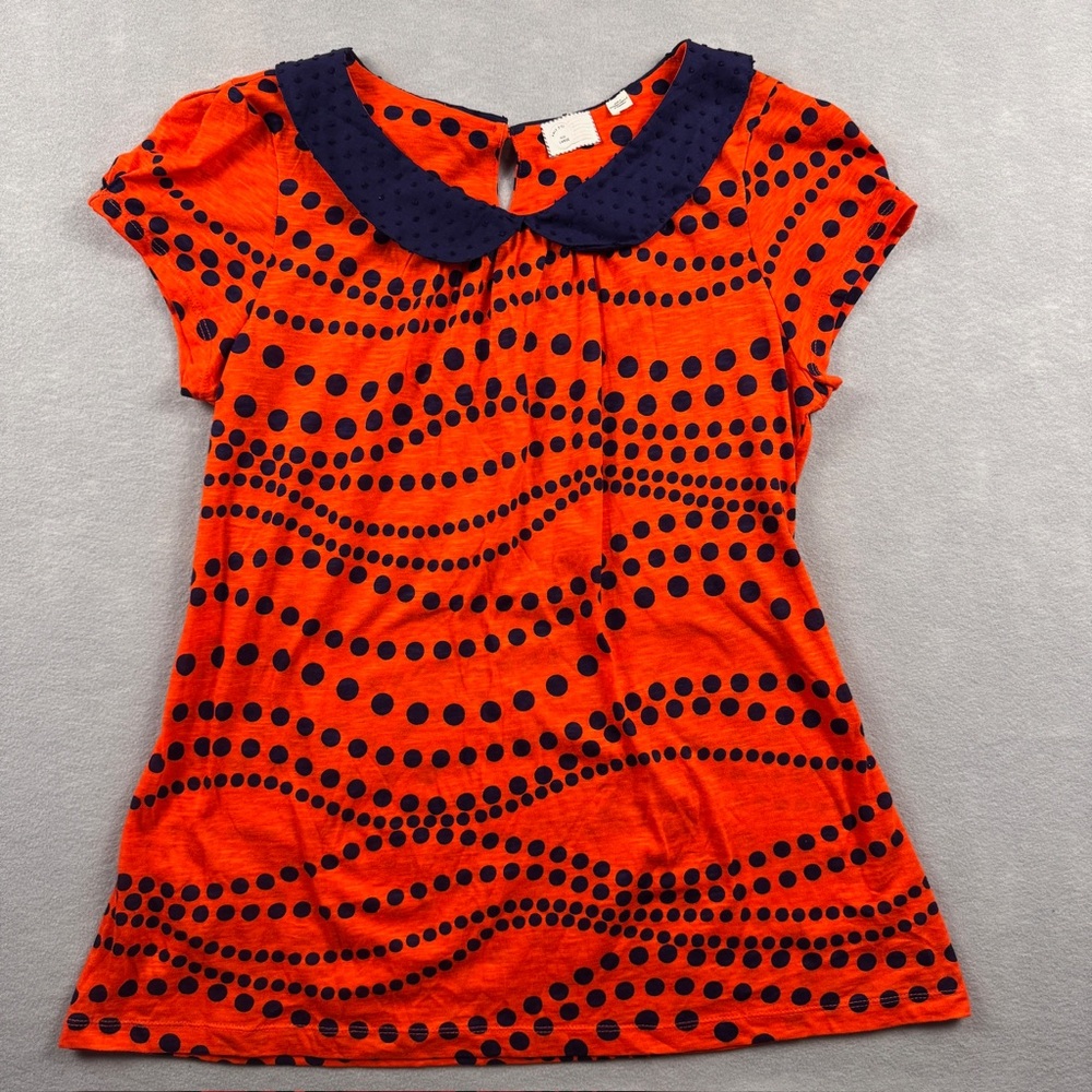 Anthropologie 9-h15 Orange Navy Polka Dot  Peter Pan Collar 100% Cotton Blouse